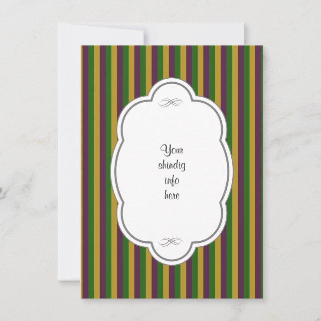 Purple, Green & Gold Mardi Gras Striped Invitation (Front)
