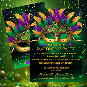 Purple Green Gold Masks Mardi Gras Birthday Party Invitation