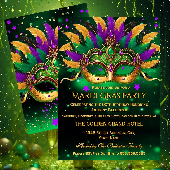 Purple Green Gold Masks Mardi Gras Birthday Party Invitation (Creator Uploaded)