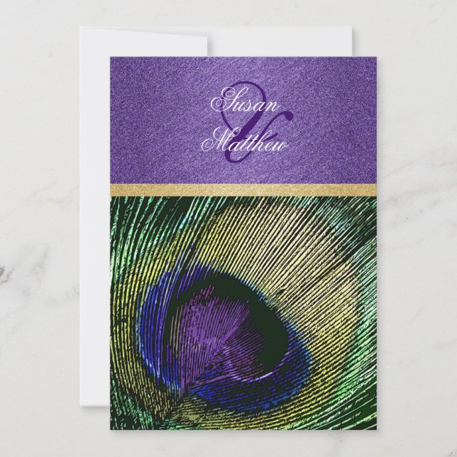 Purple green gold peacock wedding invitation (Front)