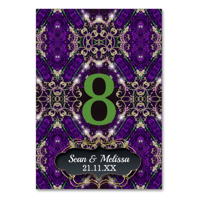 Purple Green Gold Sparkle Unique Event  Table Number (Front)