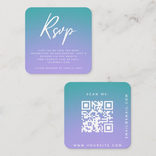 Purple Green Gradient Cool Wedding RSVP QR Code Enclosure Card (Front/Back)