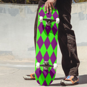 Purple Green Harlequin Checkered Design Skateboard