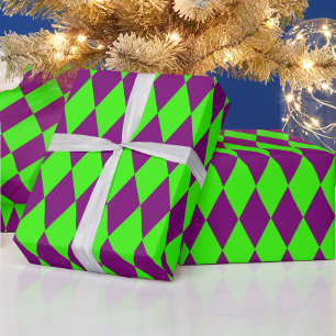 Purple Green Harlequin Checkered Design Wrapping Paper