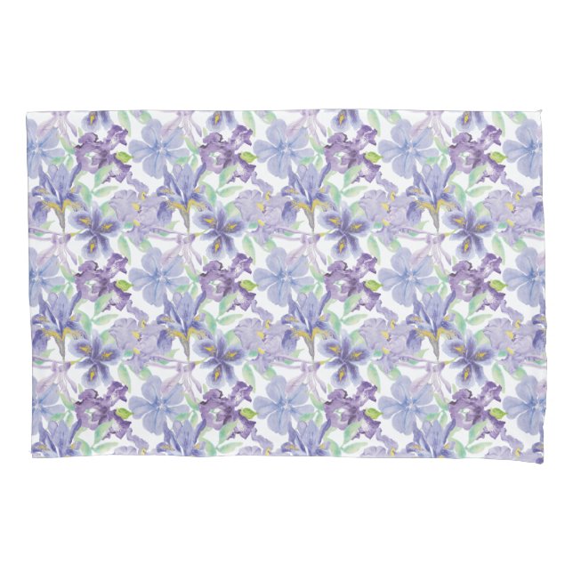 Purple Green Iris Floral Flowers Watercolor Pillowcase (Front-Left)