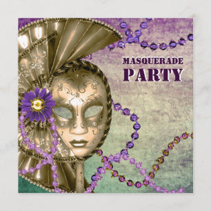 Purple Green Mardi Gras Beads Masquerade Party Invitation