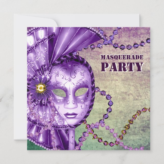 Purple Green Mardi Gras Beads Masquerade Party Invitation (Front)