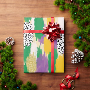 Purple Green Mardi Gras Brushstroke Wrapping Paper