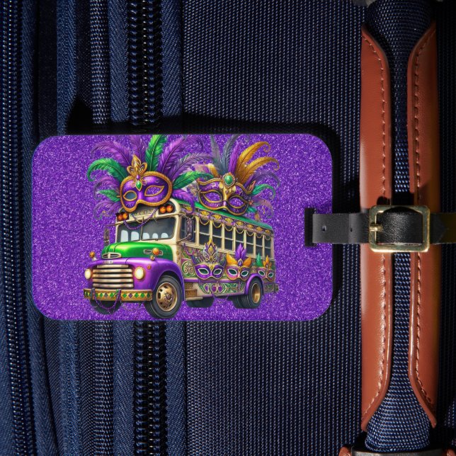 PURPLE & GREEN MARDI GRAS BUS & FEATHERS LUGGAGE TAG (Front Insitu 4)