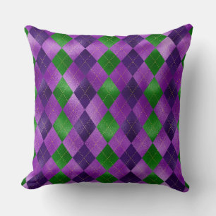 PURPLE & GREEN MARDI GRAS DIAMOND PATTERNS THROW PILLOW