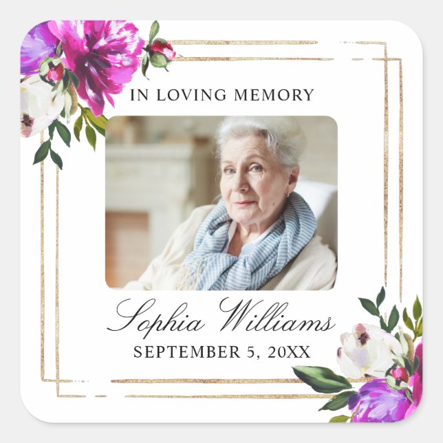 Purple & Green  Memorial Funeral Square Sticker (Front)