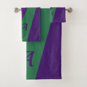 Purple green modern elegant chic bold monogrammed bath towel set
