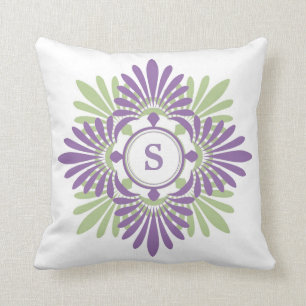 Purple Green Modern Floral Pattern Monogrammed Throw Pillow