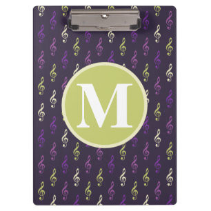 Purple Green Music Note Pattern Monogram Clipboard