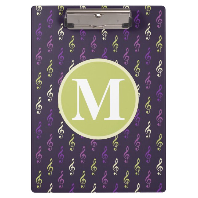 Purple Green Music Note Pattern Monogram Clipboard (Front)