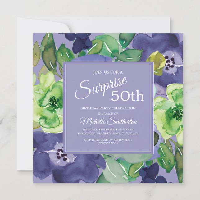 Purple Green Navy Watercolor Floral 50th Birthday Invitation (Front)