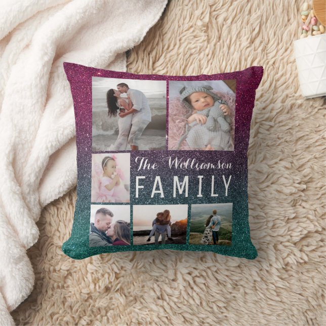 Purple Green Ombre Glitter Family Photo Collage Throw Pillow (Blanket)