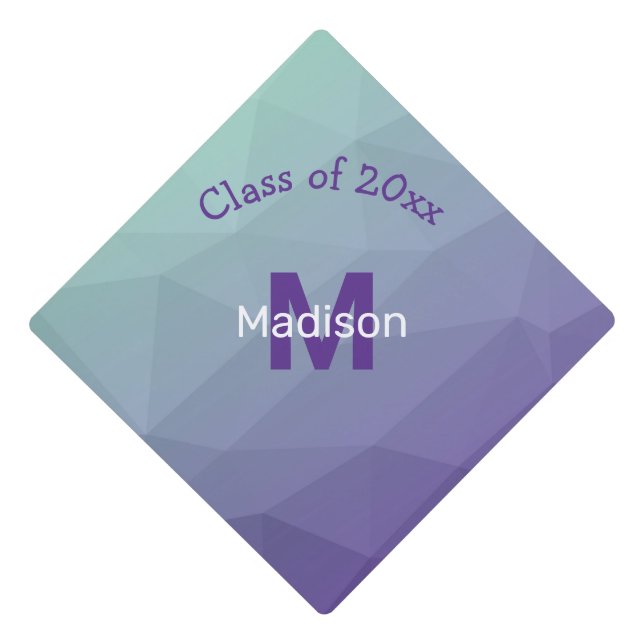 Purple green ombre gradient geometry mesh Monogram Graduation Cap Topper (Front)