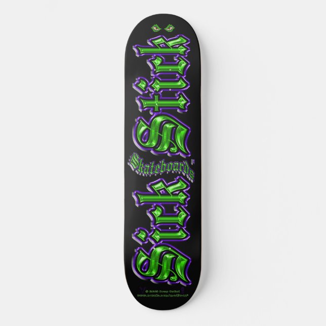 Purple & Green on Black ~ Sick Stick Logo Pro Deck Skateboard (Front)