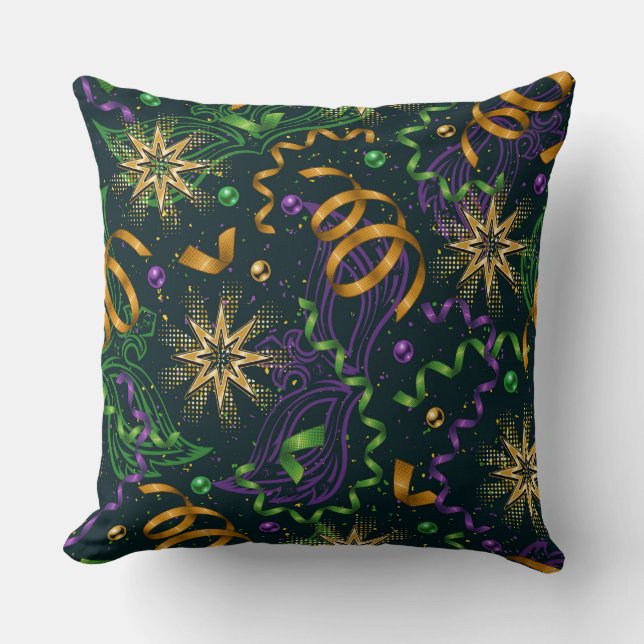 PURPLE GREEN ORANGE MARDI GRAS STREAMERS FIREWORKS THROW PILLOW (Front)