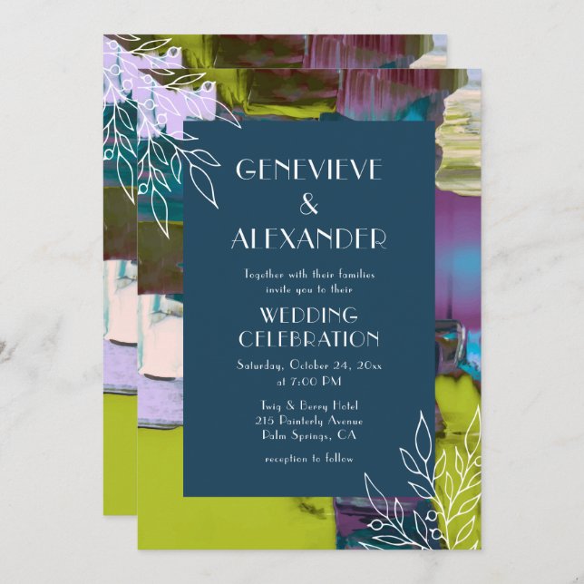 Purple Green Painted Abstract Floral Wedding Invitation (Front/Back)