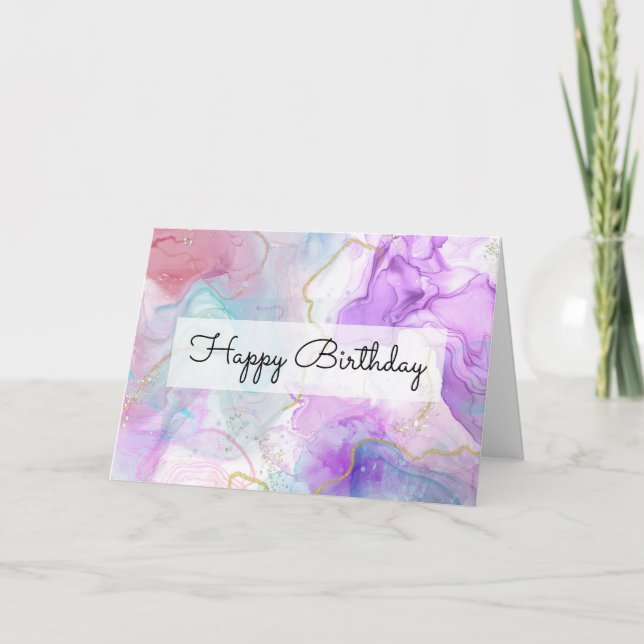 Purple, Green, Pink Flowing Colours Birthday Card (Front)