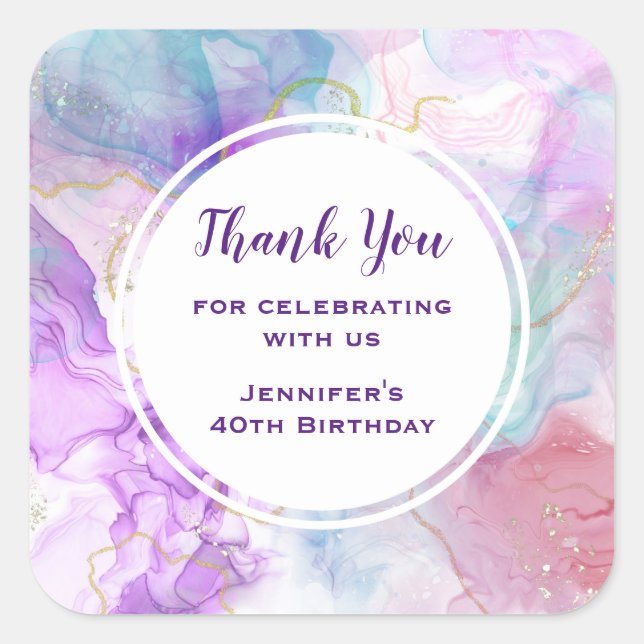 Purple, Green, Pink Flowing Colours Birthday Square Sticker (Front)