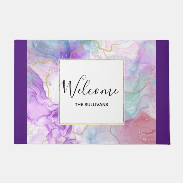 Purple, Green, Pink Flowing Colours Elegant Doormat (Front)