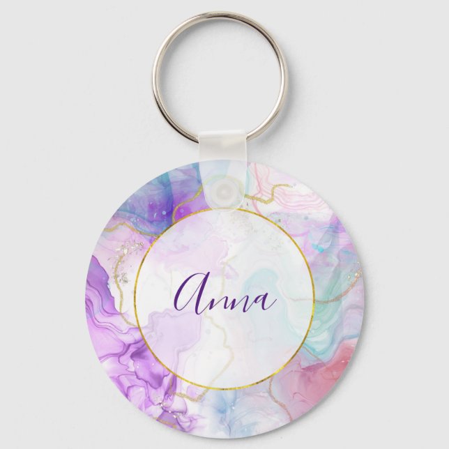 Purple, Green, Pink Flowing Colours Elegant Keychain (Front)