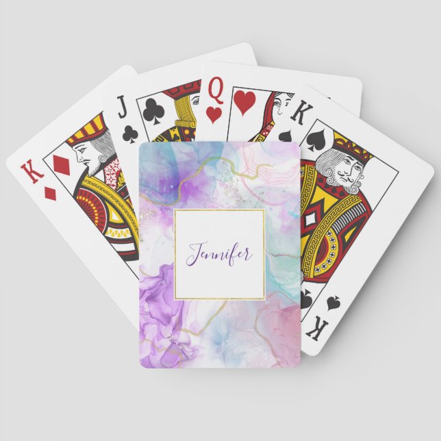 Purple, Green, Pink Flowing Colours Elegant Playing Cards (Back)