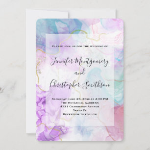 Purple, Green, Pink Flowing Colours Elegant Weddin Invitation