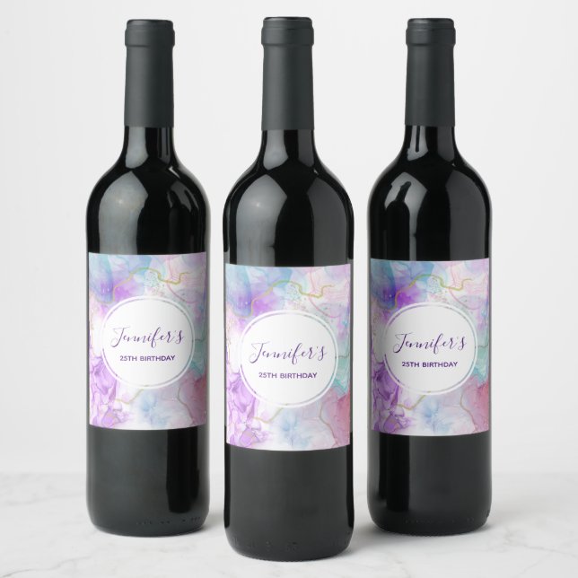 Purple, Green, Pink Flowing Colours Elegant Wine Label (Bottles)