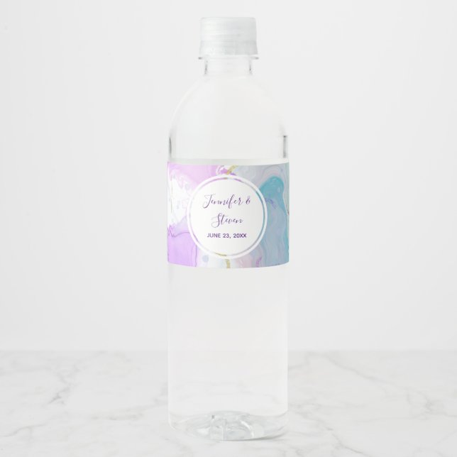 Purple, Green, Pink Flowing Colours Wedding Water Bottle Label (Front)