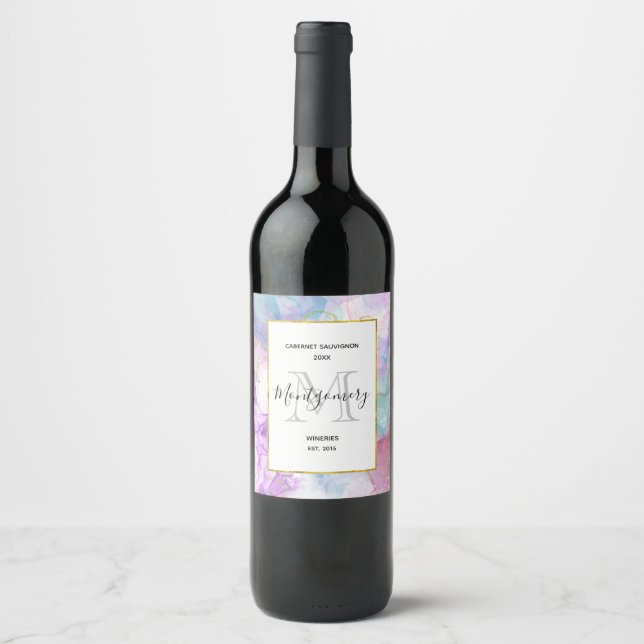 Purple, Green, Pink Flowing Colours Wine Making Wine Label (Front)