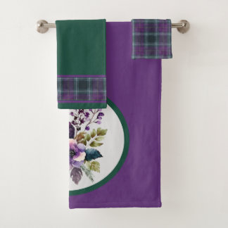 Purple Green Plaid Floral Design Bath Towel Set