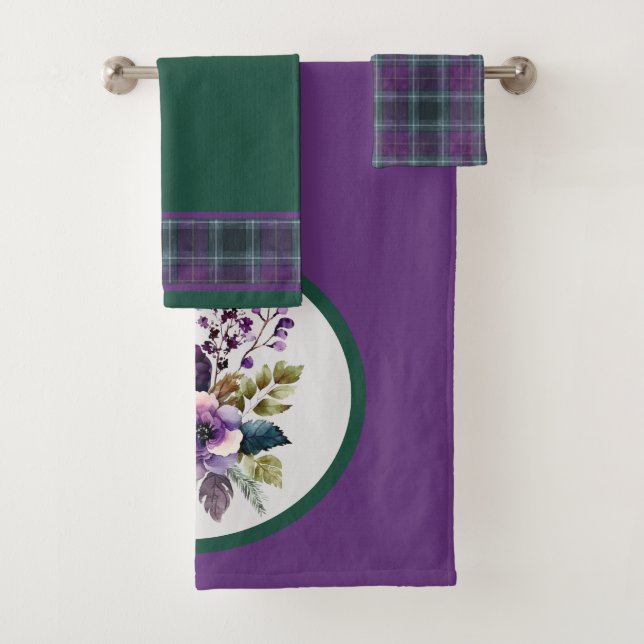 Purple Green Plaid Floral Design Bath Towel Set (Insitu)