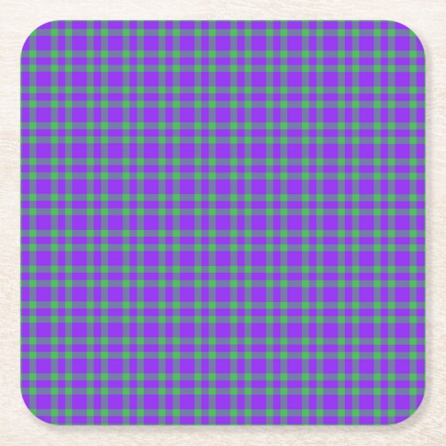 Purple Green Plaid Pattern Square Paper Coaster (Front)