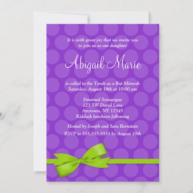 Purple Green Polka Dot Printed Bow Bat Mitzvah Invitation (Front)