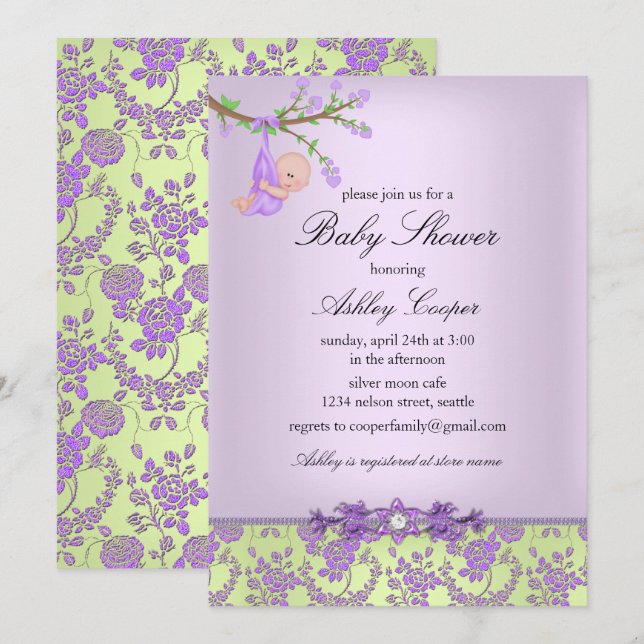 Purple & Green Rose Garden Baby Shower Invitation (Front/Back)
