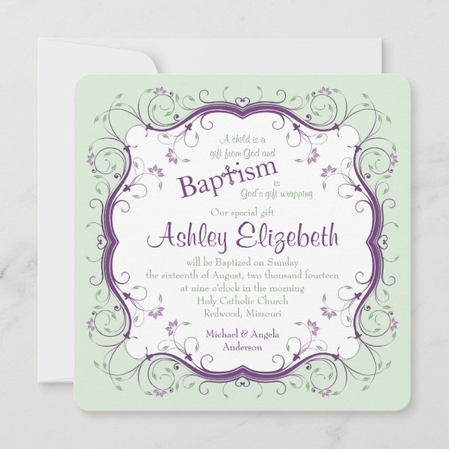 Purple Green Scroll Floral Baptism Invitation (Front)