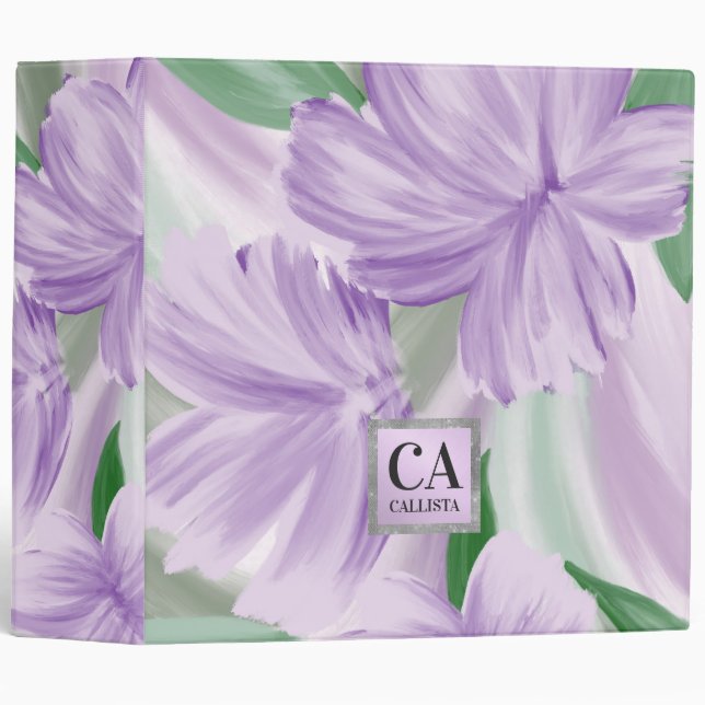 Purple Green Silver Floral Glitter Monogram Binder (Front/Spine)