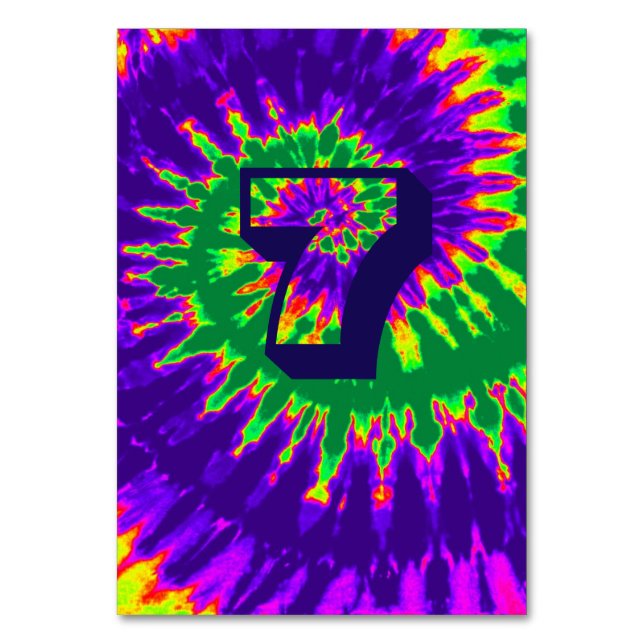 Purple & Green Spiral Tie Dye Wedding Table Seven Table Number (Back)