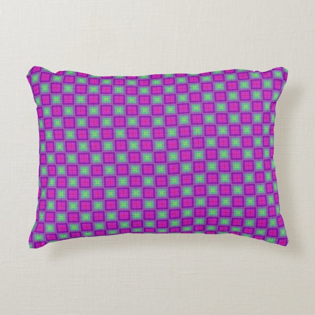 Purple Green Square Pattern Boho Accent Pillow (Front)