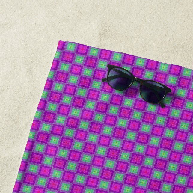 Purple Green Square Pattern Boho  Beach Towel (In Situ)