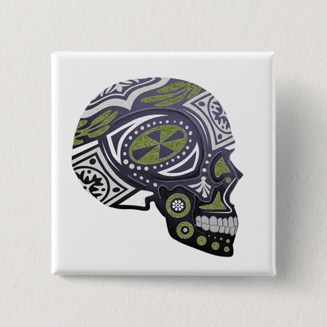 Purple Green Sugar Skull Skeleton 2 Inch Square Button (Front)