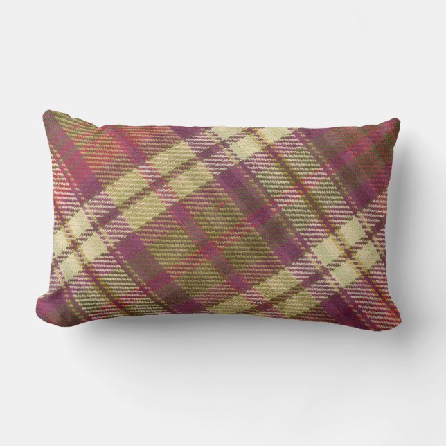 Purple Green Tan Angled Modern Plaid Lumbar Pillow (Front)