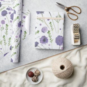 Purple Green Tossed Flower Pattern Wrapping Paper