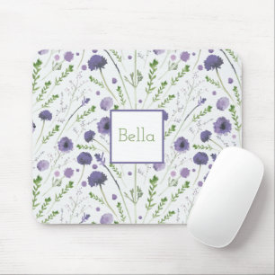 Purple Green Tossed Flower Personalized Mouse Pad