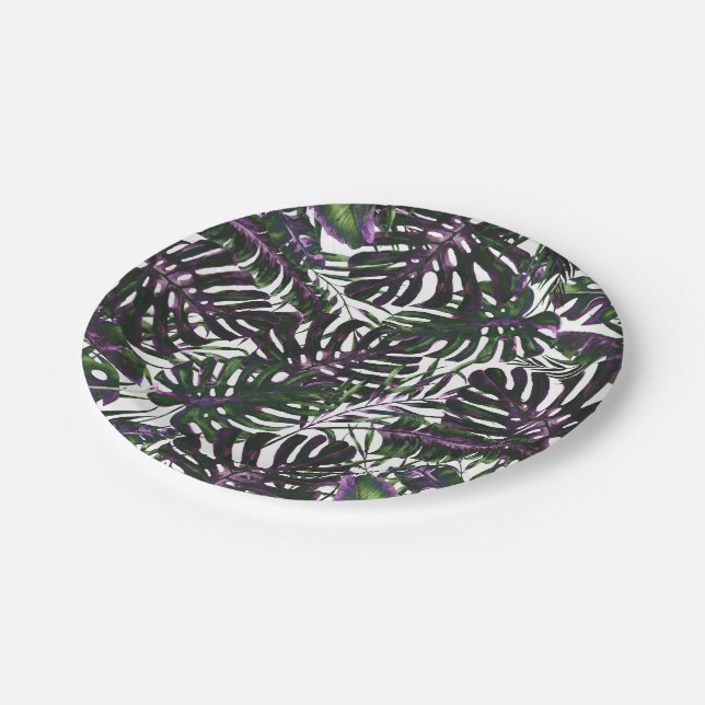 Purple & Green Tropical Palm Leaves Wedding Paper Plate (Angled)