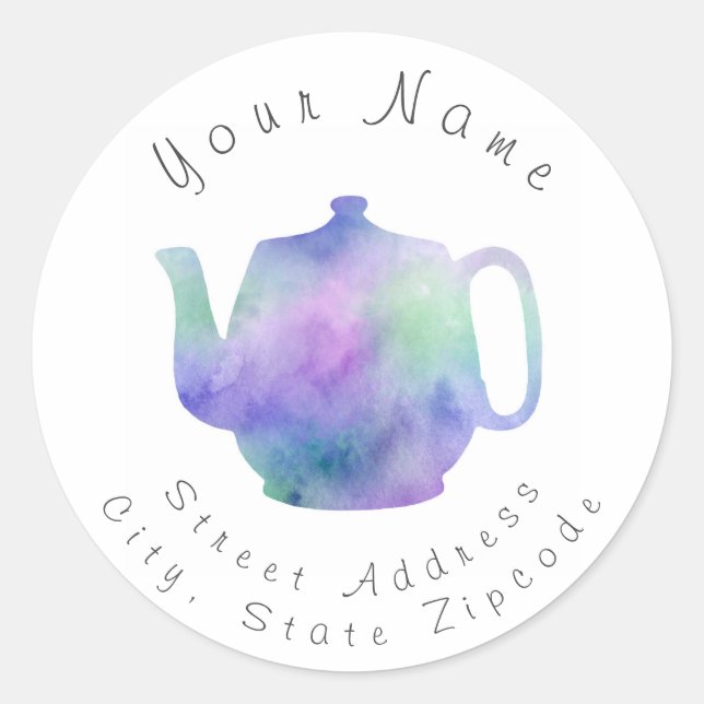 'Purple Green Watercolor Abstract Teapot' Label (Front)